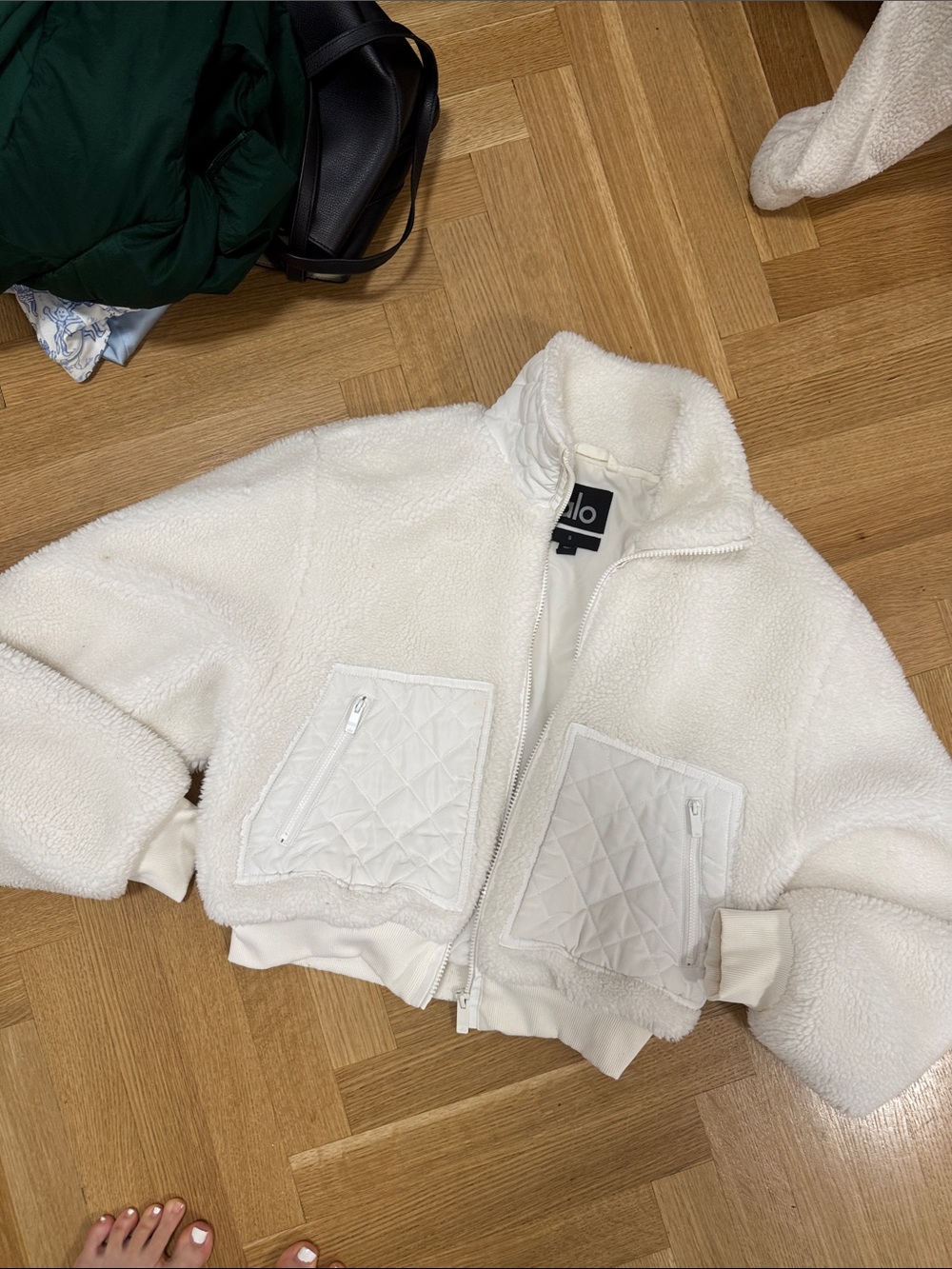 ALO Yoga White Sherpa Zip Jacket with Quilted Pockets